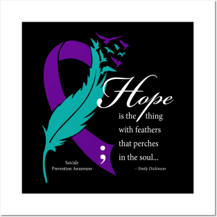 Suicide Hope Feather Ribbon, white type Posters and Art